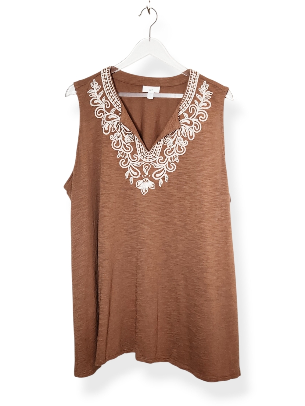 J. Jill Women's Sleeveless Brown White Embroidered Tank Top Plus Size 2X
